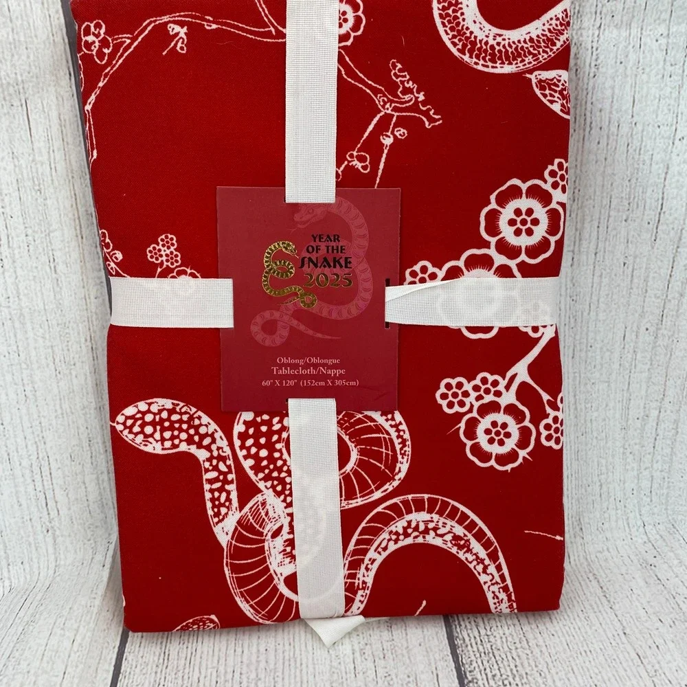 Year of the Snake 2025 Tablecloth Oblong 60x120 Red White Floral Lunar New Year